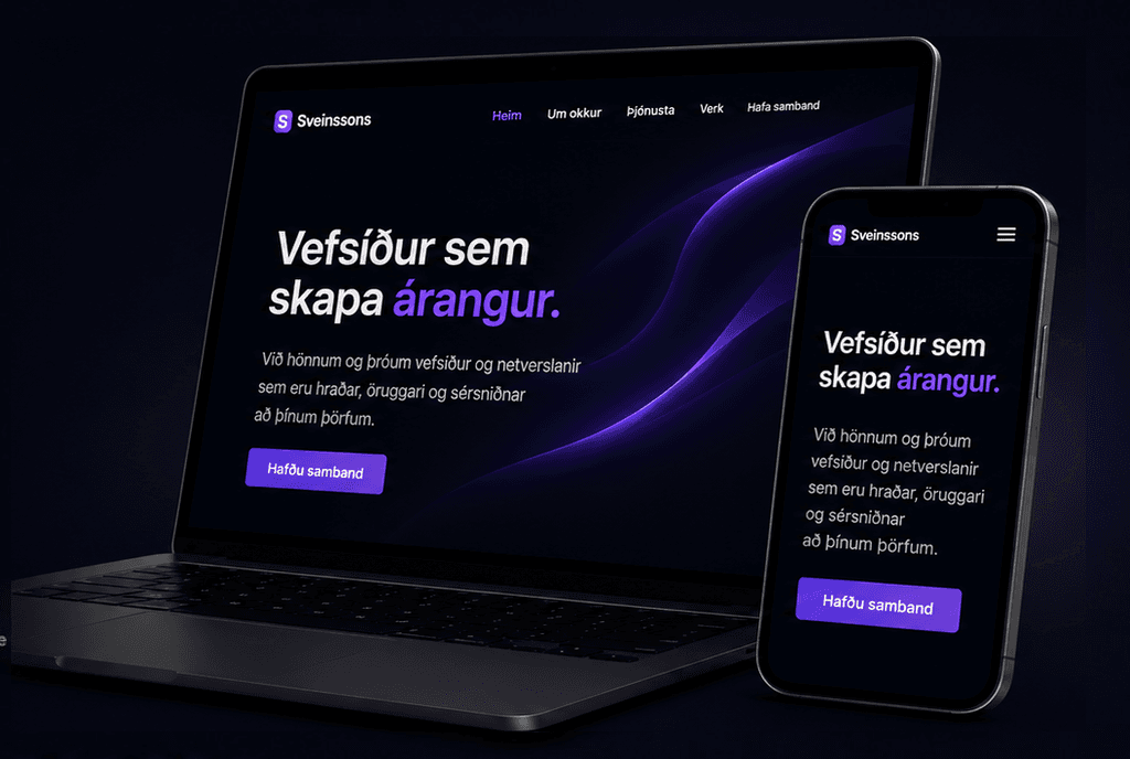 Vefsíða Sveinssons sýnd á fartölvu og snjallsíma